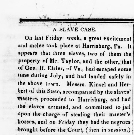 Port Tobacco Times and Charles County Advertiser article on 1850 fugitive slave riot in Harrisburg.